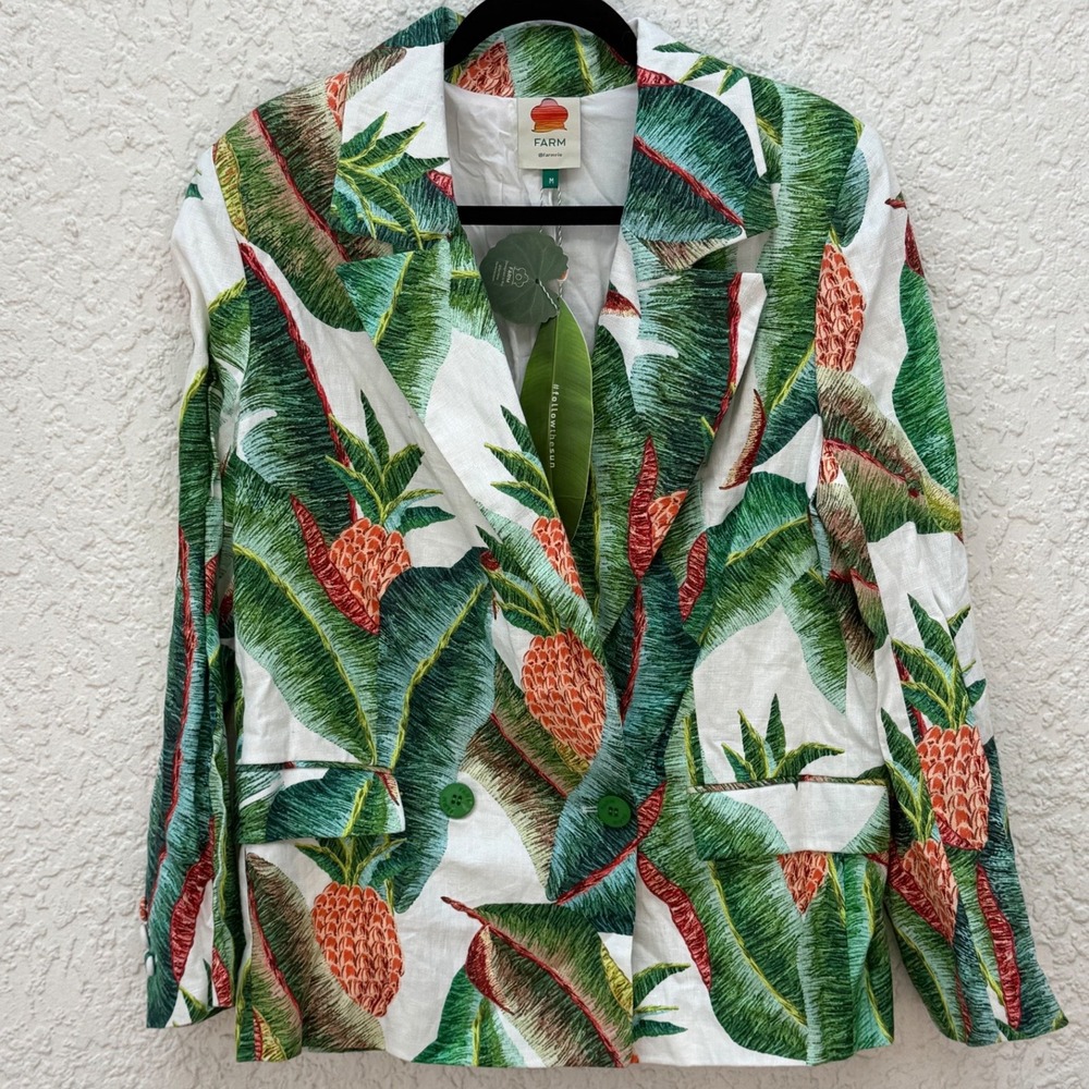 Farm Rio Forest Palm Linen Blazer and Pants Set White Green Tropical Size M NWT